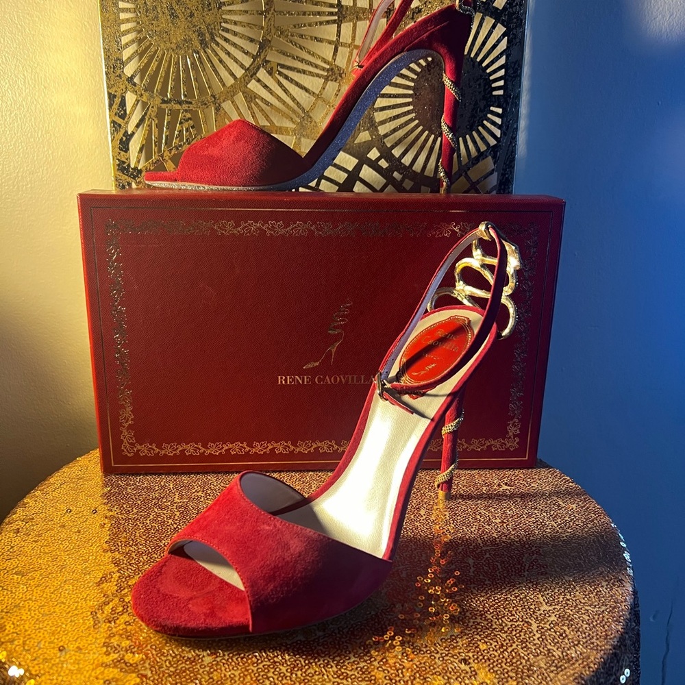 Rene’ Caovilla Red Serpent-detail 100mm suede sandals.  Women’s Size 39 1/2. - Picture 7 of 11